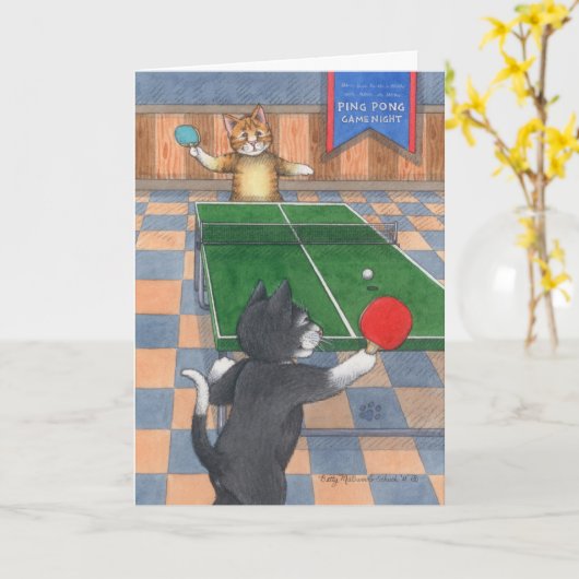 Ping Pong Cats Verjaardag Bud & Tony Notecard Kaart (Gele Bloem)
