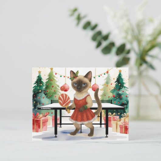 Ping Pong Kerstthema voor Siamese Kattenliefhebber Feestdagenkaart (Staand voorkant)