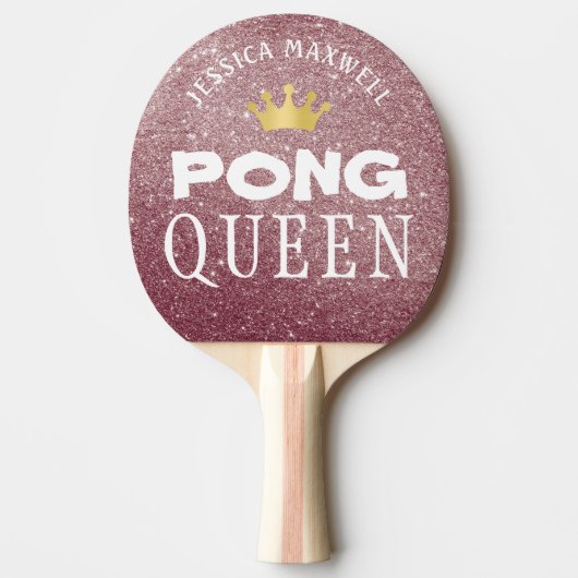 PING PONG QUEEN Personalized Roos Gold Glitter Tafeltennisbatje (Voorkant)