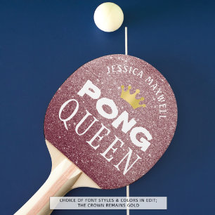 PING PONG QUEEN Personalized Roos Gold Glitter Tafeltennisbatje