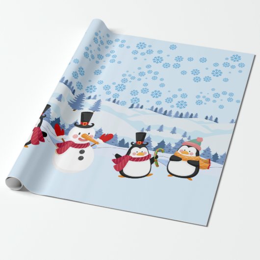 "Pingouin" Schattige Kerstmis Cadeaupapier (Uitgerold)