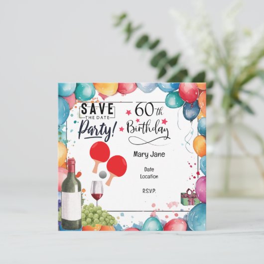 Pingpong 60ste verjaardag met peddel en bier save the date (Staand voorkant)