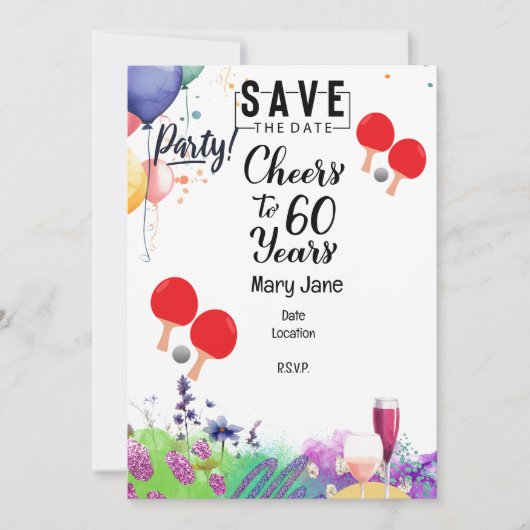 Pingpong 60ste verjaardag met peddel en bloem kaart (Voorkant)