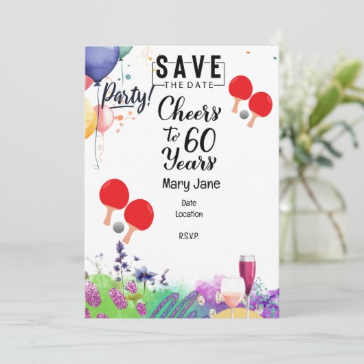 Pingpong 60ste verjaardag met peddel en bloem kaart (Staand voorkant)