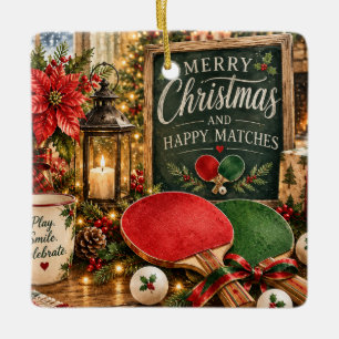 Pingpongbat en bal met kerstthema keramisch ornament