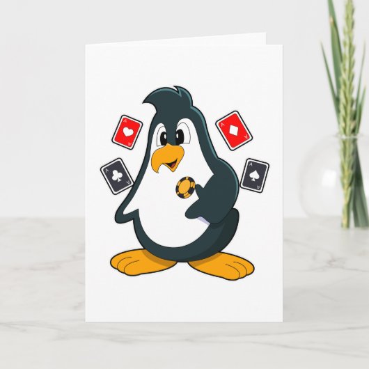 Pinguïn aan het pokeren met pokerkaarten kaart (Voorkant)