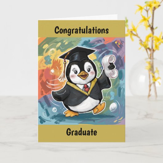 Pinguïn Afstuderen gepersonaliseerd Kaart (Gele Bloem)