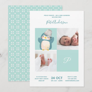 Pinguïn • Alfabet Monogram Cute Baby Shower Kaart