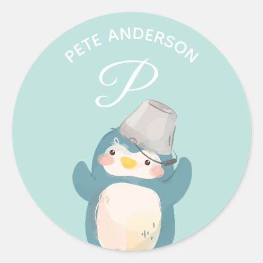 Pinguïn · Alfabet Monogram Schattigee School Kinde Ronde Sticker (Voorkant)