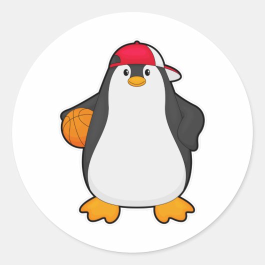 Pinguïn als Basketballspeler met Basketball Ronde Sticker (Voorkant)
