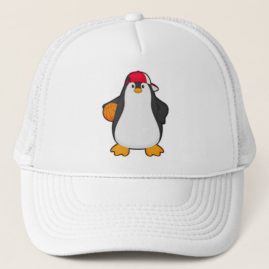 Pinguïn als Basketballspeler met Basketball Trucker Pet (Voorkant)