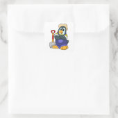 Pinguïn als boer met schittering vierkante sticker (Tas)