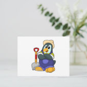Pinguïn als boer met schop briefkaart (Staand voorkant)