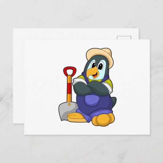 Pinguïn als boer met schop briefkaart (Voorkant / Achterkant)