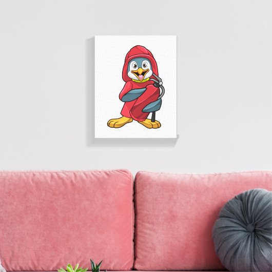 Pinguïn als brandweerman met blusapparaat canvas afdruk (Insitu (Woonkamer))