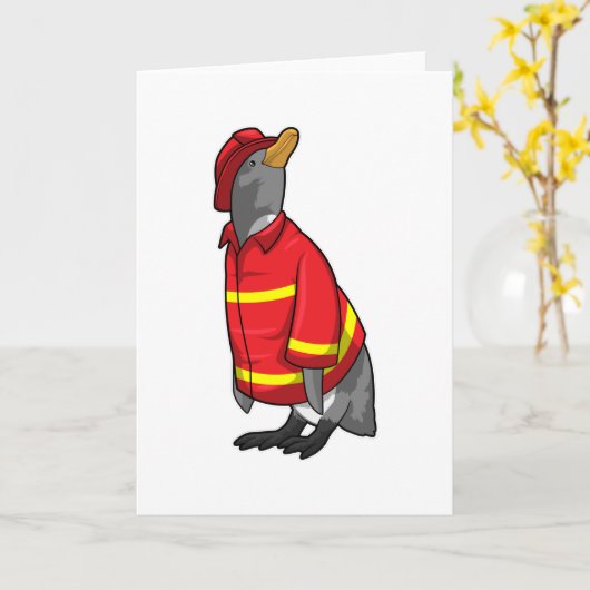 Pinguïn als brandweerman met helm kaart (Gele Bloem)