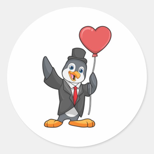Pinguïn als Bruidegom met Hart Ballon Ronde Sticker (Voorkant)