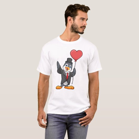 Pinguïn als bruidegom met hartballon t-shirt (Voorkant volledig)