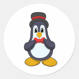 Pinguïn als bruidegom met lint en hoed ronde sticker