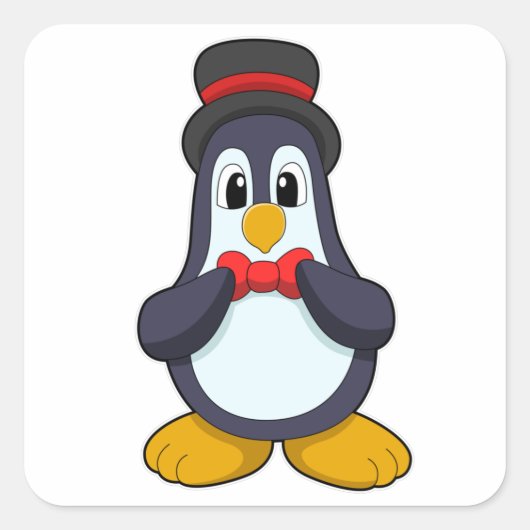 Pinguïn als bruidegom met lint en hoed vierkante sticker (Voorkant)