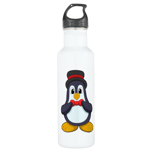 Pinguïn als bruidegom met lint en hoed waterfles  (Voorkant)