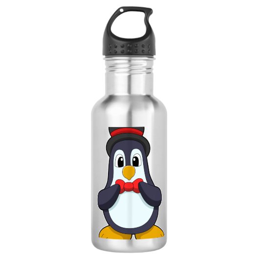 Pinguïn als bruidegom met lint en hoed waterfles (Voorkant)