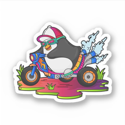 Pinguïn als fietser met motorfiets sticker (Voorkant)