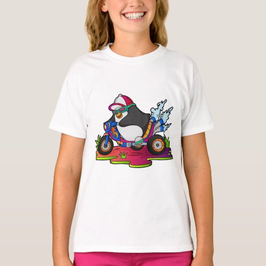 Pinguïn als fietser met motorfiets t-shirt (Voorkant)