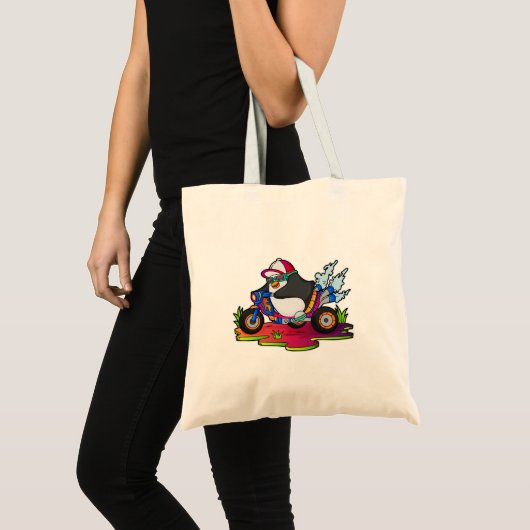 Pinguïn als fietser met motorfiets tote bag (Voorkant (product))