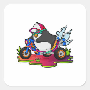 Pinguïn als fietser met motorfiets vierkante sticker