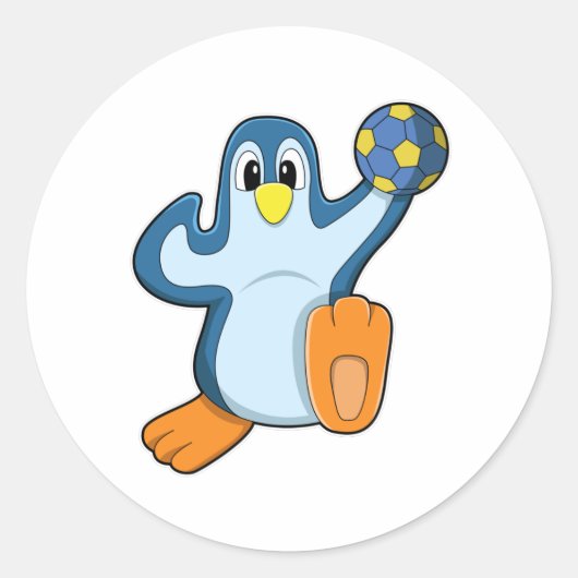 Pinguïn als handballspeler met handbal ronde sticker (Voorkant)