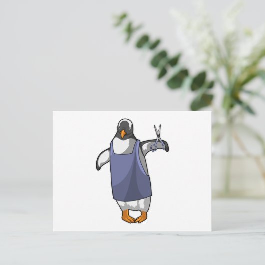 Pinguïn als kapper met schaar briefkaart (Staand voorkant)
