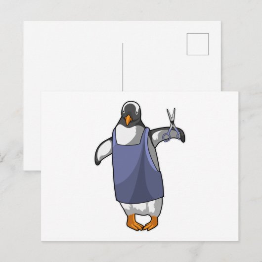 Pinguïn als kapper met schaar briefkaart (Voorkant / Achterkant)