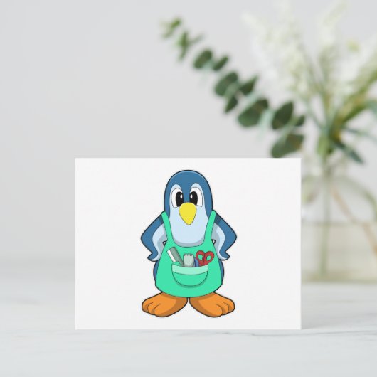 Pinguïn als kapper met schaar en scheermes briefkaart (Staand voorkant)