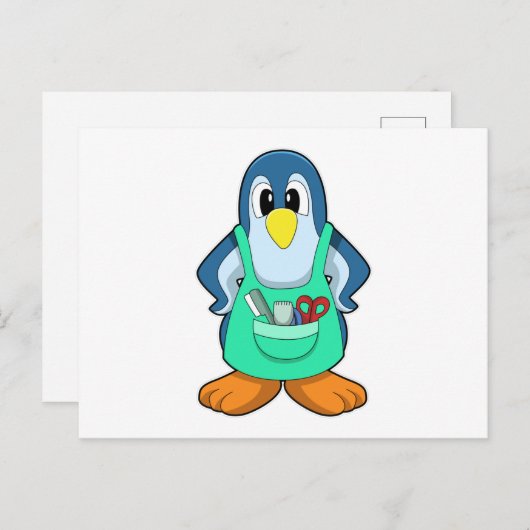 Pinguïn als kapper met schaar en scheermes briefkaart (Voorkant / Achterkant)