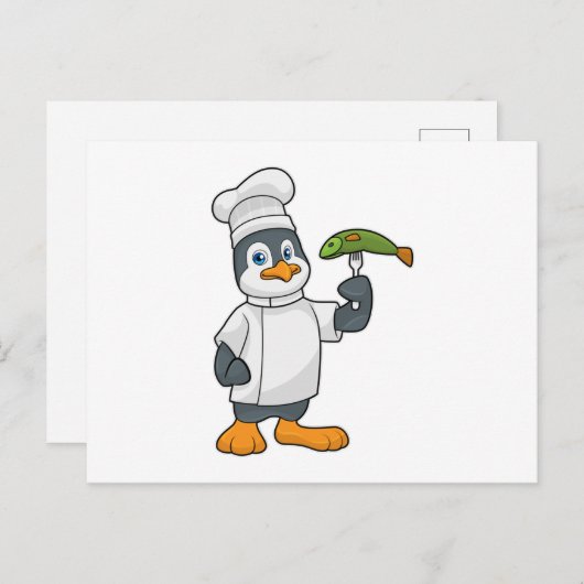 Pinguïn als kok met vis & kookschort briefkaart (Voorkant / Achterkant)