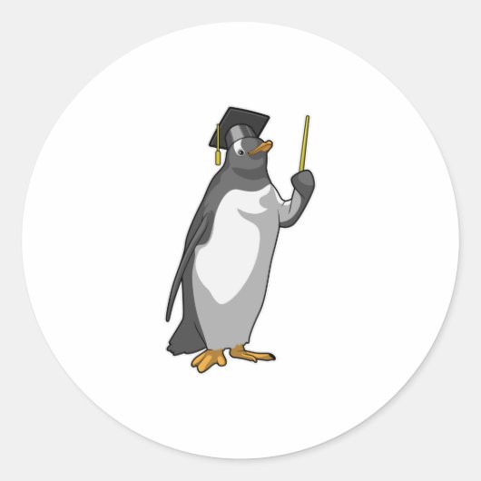 Pinguïn als leraar met wijzer ronde sticker (Voorkant)