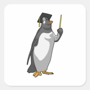 Pinguïn als leraar met wijzer vierkante sticker