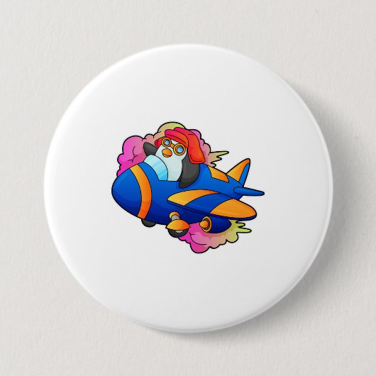 Pinguïn als piloot met vliegtuig ronde button 7,6 cm (Voorkant)