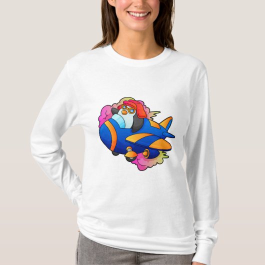 Pinguïn als piloot met vliegtuig t-shirt (Voorkant)