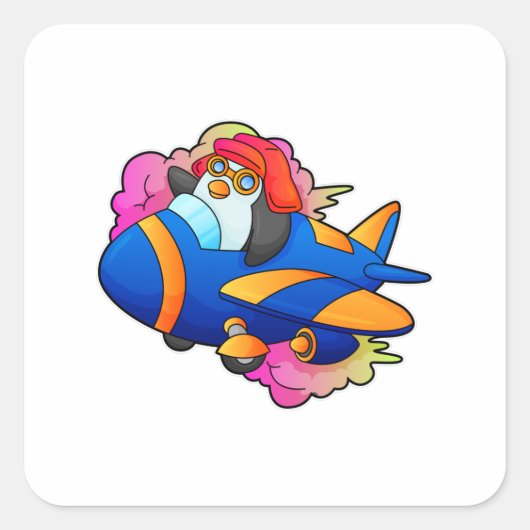 Pinguïn als piloot met vliegtuig vierkante sticker (Voorkant)
