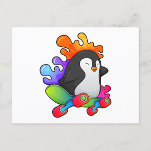 Pinguïn als schaatser met skateboard briefkaart