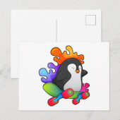 Pinguïn als schaatser met skateboard briefkaart (Voorkant / Achterkant)