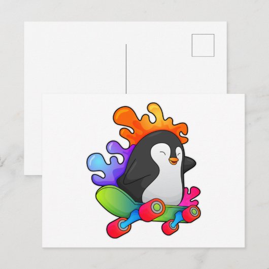 Pinguïn als schaatser met skateboard briefkaart (Voorkant / Achterkant)
