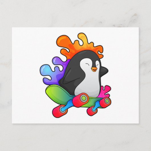 Pinguïn als schaatser met skateboard briefkaart (Voorkant)