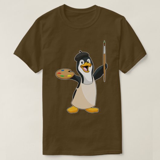 Pinguïn als Schilder met de Kleur van het verfbors T-shirt (Design voorkant)