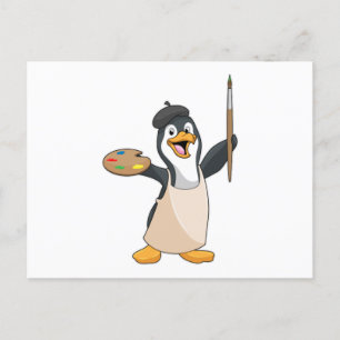 Pinguïn als schilder met penseel en kleur verf briefkaart