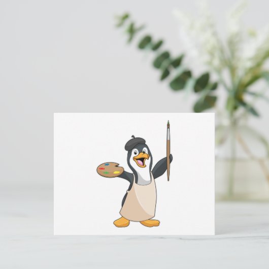 Pinguïn als schilder met penseel en kleur verf briefkaart (Staand voorkant)