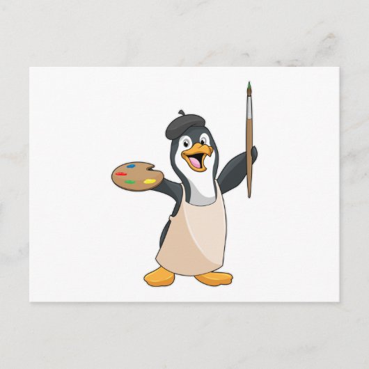 Pinguïn als schilder met penseel en kleur verf briefkaart (Voorkant)