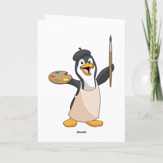 Pinguïn als schilder met penseel en kleur verf kaart (Achterkant)